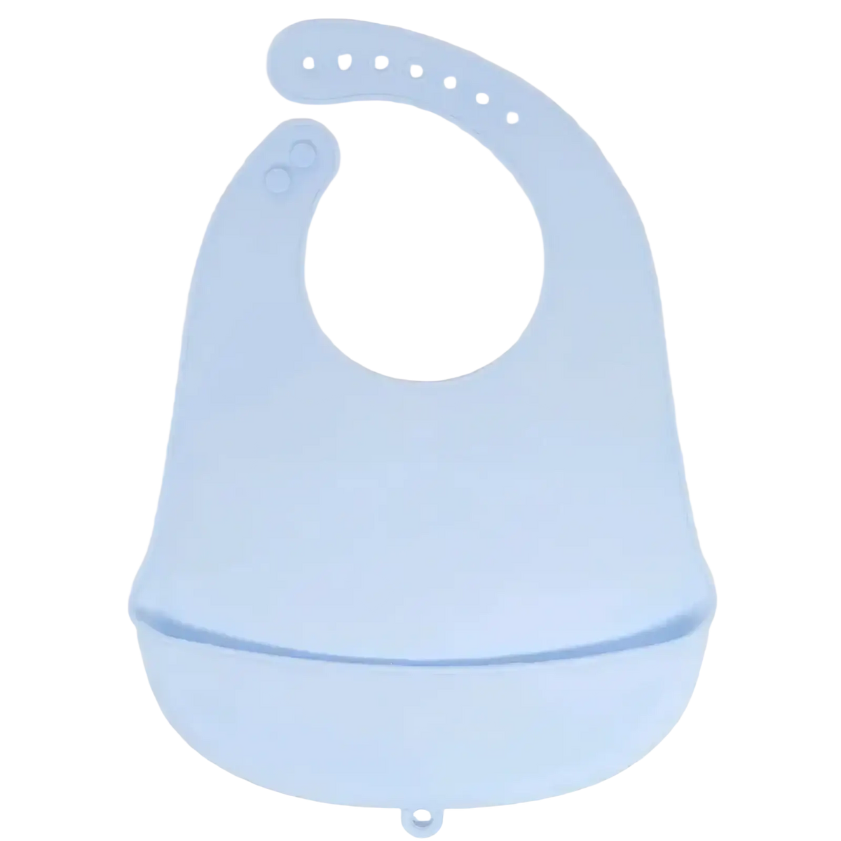 Light blue silicone baby bib with rounded neck opening and integrated food-catching tray for waterproof feeding