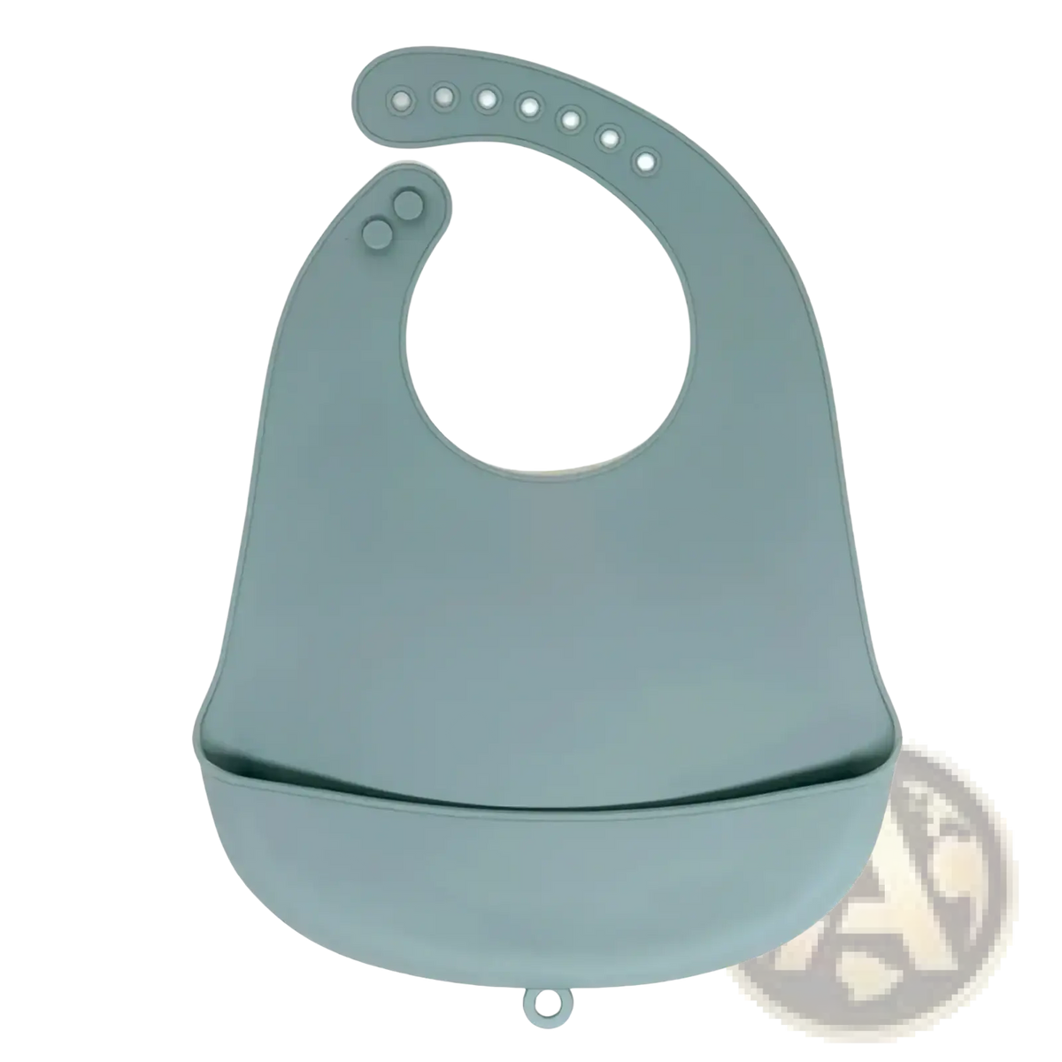 A sleek matte gray silicone baby bib with rounded neck opening and integrated tray for adjustable waterproof feeding