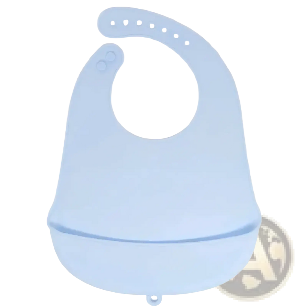 Light blue silicone baby bib with rounded neck opening and integrated food-catching tray for waterproof feeding