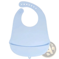 Light blue silicone baby bib with rounded neck opening and integrated food-catching tray for waterproof feeding