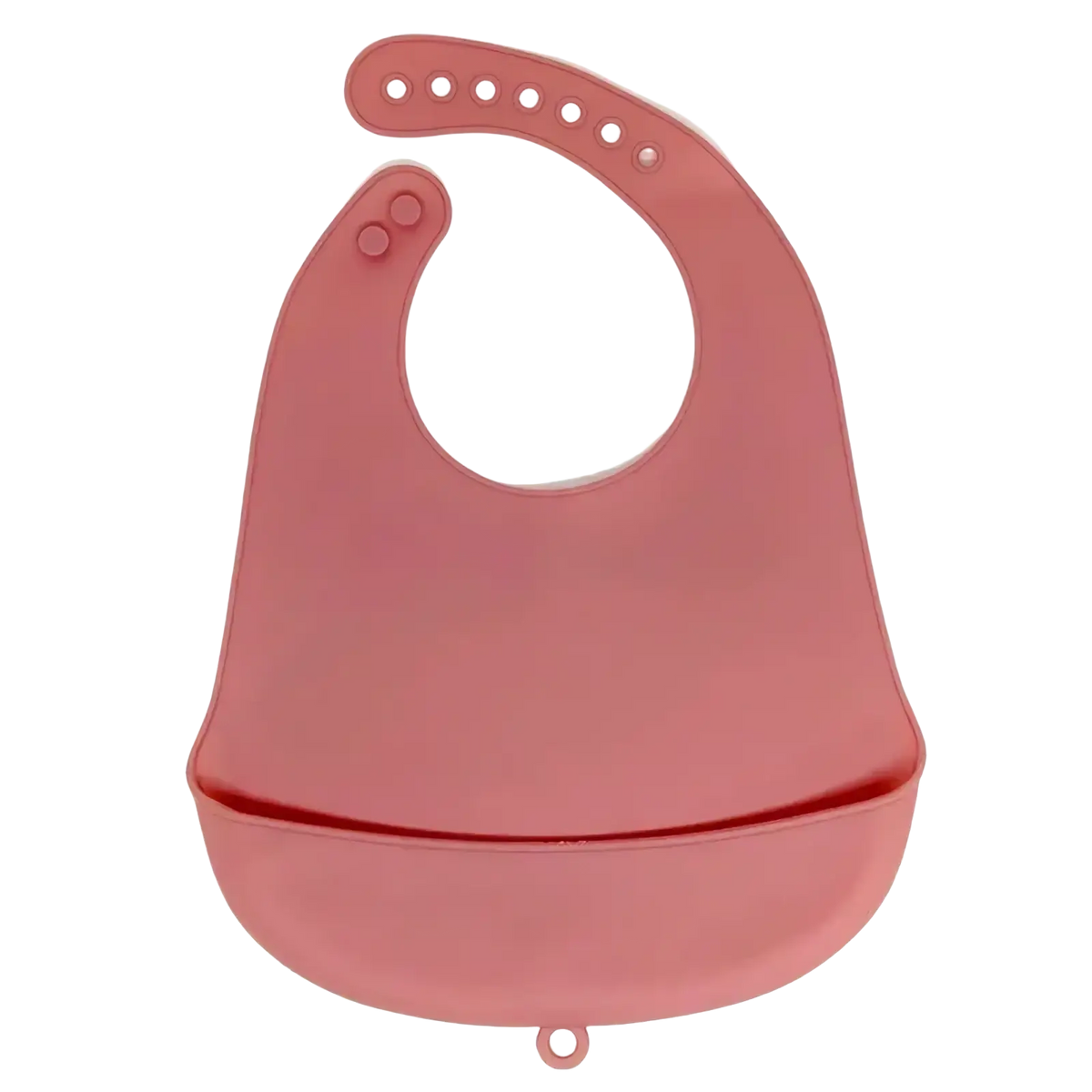 A sleek matte rose-pink silicone baby feeding bib with rounded neck and integrated tray for waterproof adjustable use