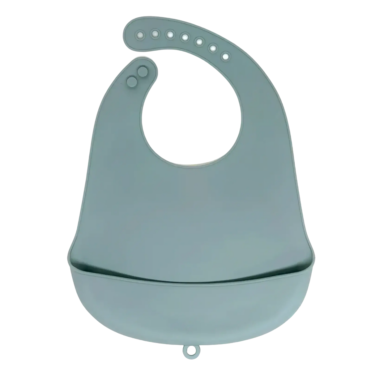 A sleek matte gray silicone baby bib with rounded neck opening and integrated tray for adjustable waterproof feeding