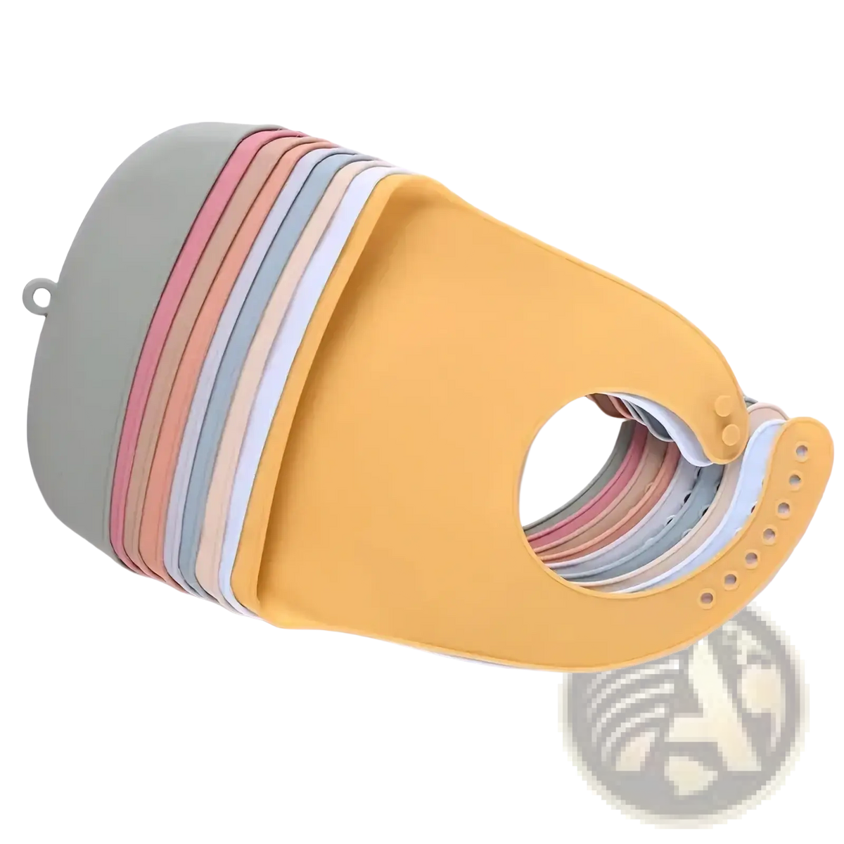 A stack of colorful silicone baby feeding bibs in pastel beige with waterproof material and adjustable snap closures