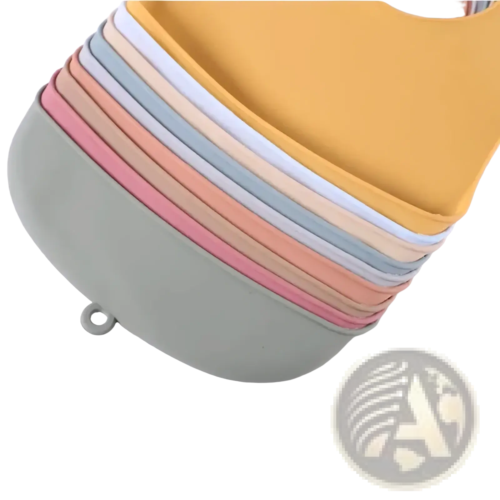 A stack of pastel-colored silicone baby feeding bibs in yellow pink mint green and beige waterproof adjustable design