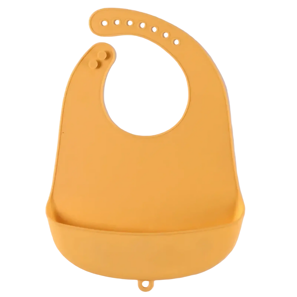 Yellow silicone baby feeding bib with rounded neck, adjustable snap fasteners, and integrated bottom tray for waterproof use