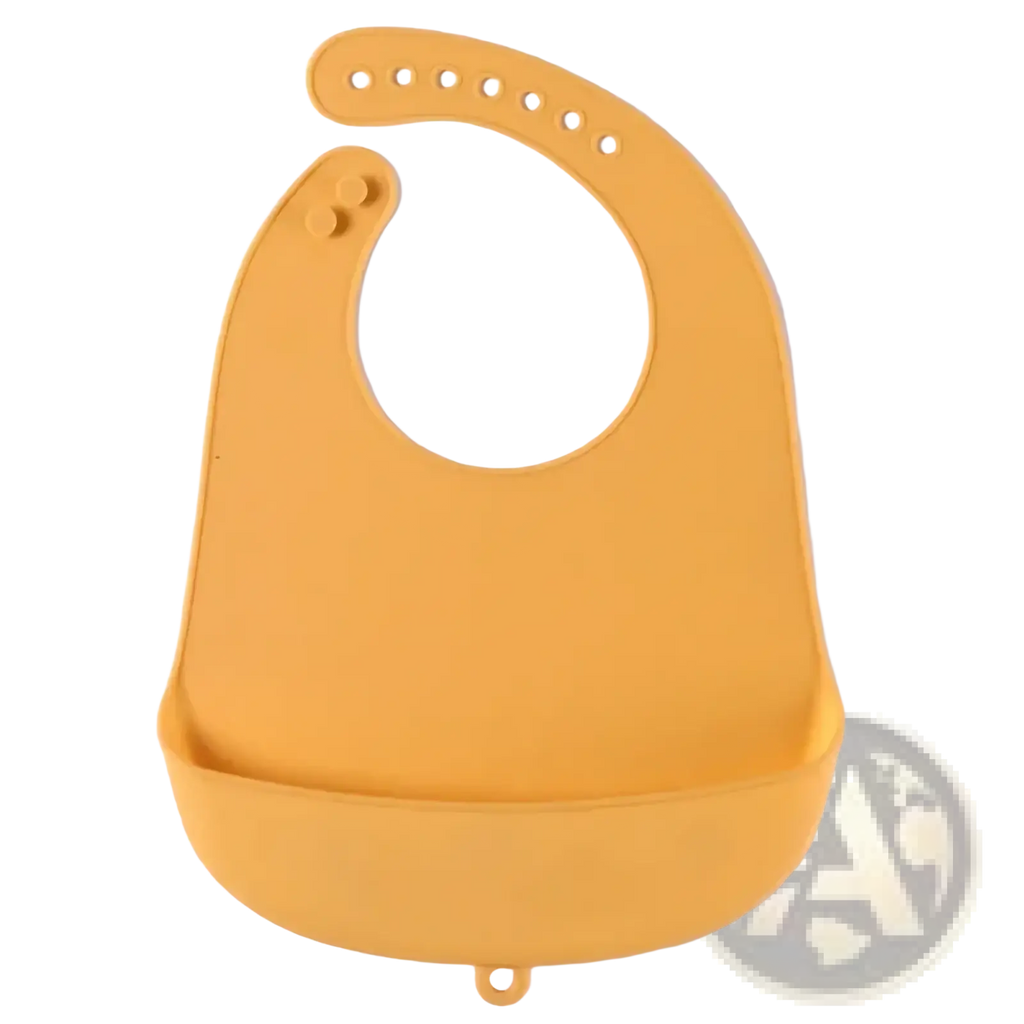 Yellow silicone baby feeding bib with rounded neck, adjustable snap fasteners, and integrated bottom tray for waterproof use
