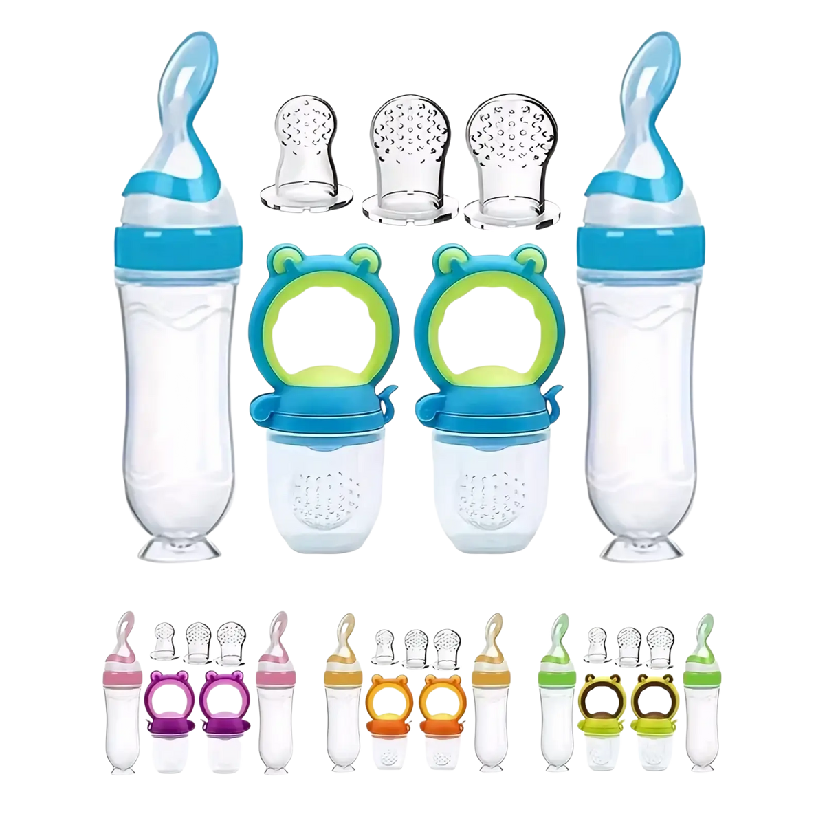 Blue and clear silicone baby feeding bottle and pacifier set with frog-shaped handle for easy gripping and feeding