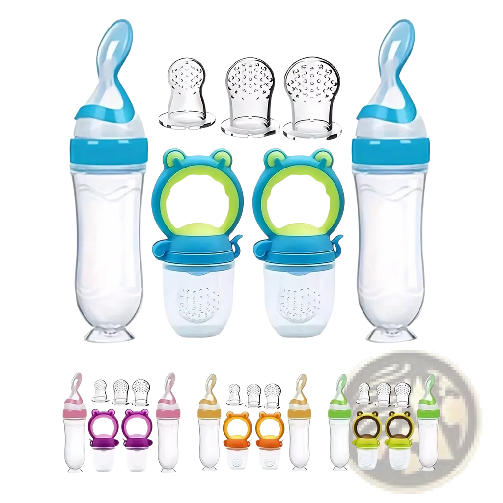 Blue and clear silicone baby feeding bottle and pacifier set with frog-shaped handle for easy gripping and feeding