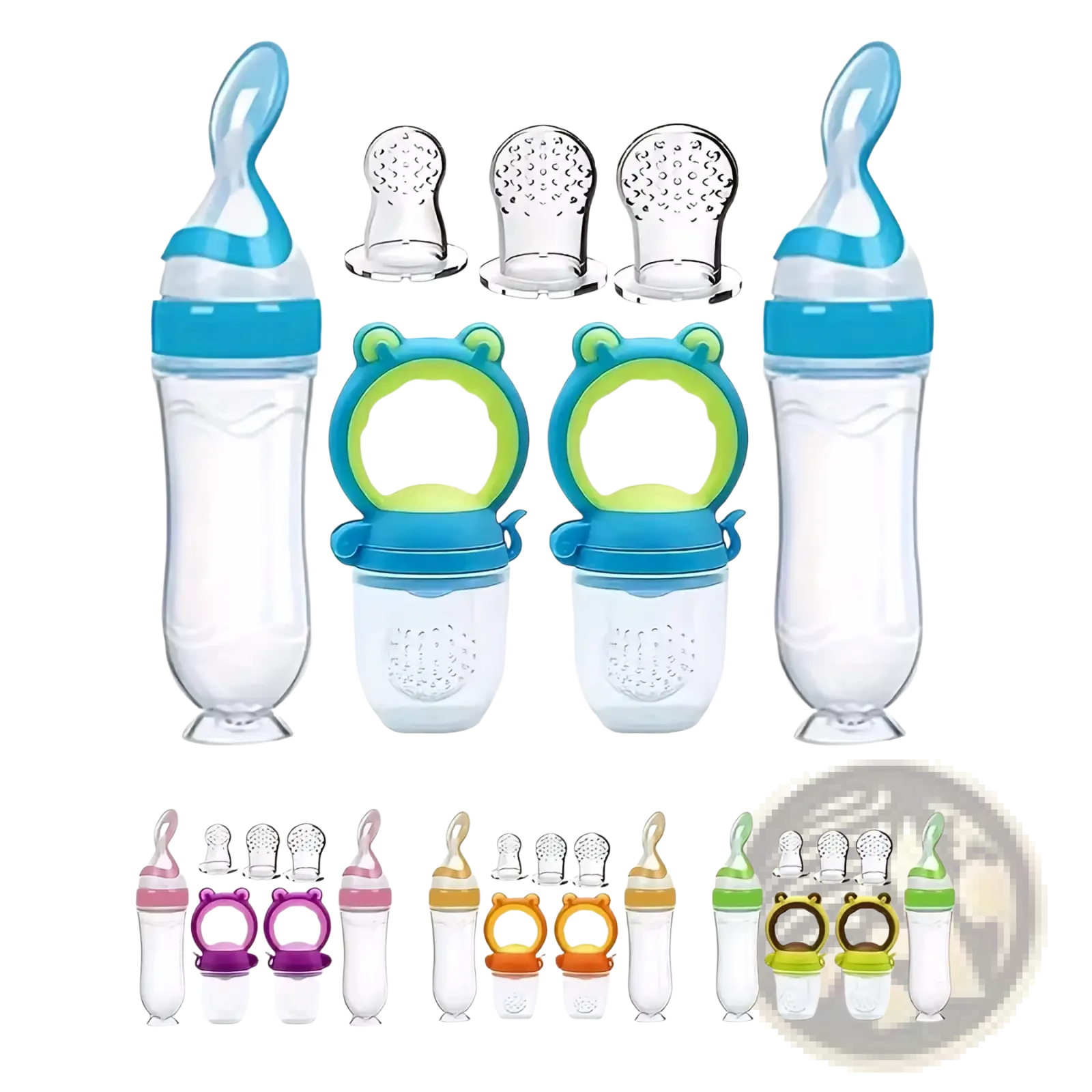 Blue and clear silicone baby feeding bottle and pacifier set with frog-shaped handle for easy gripping and feeding