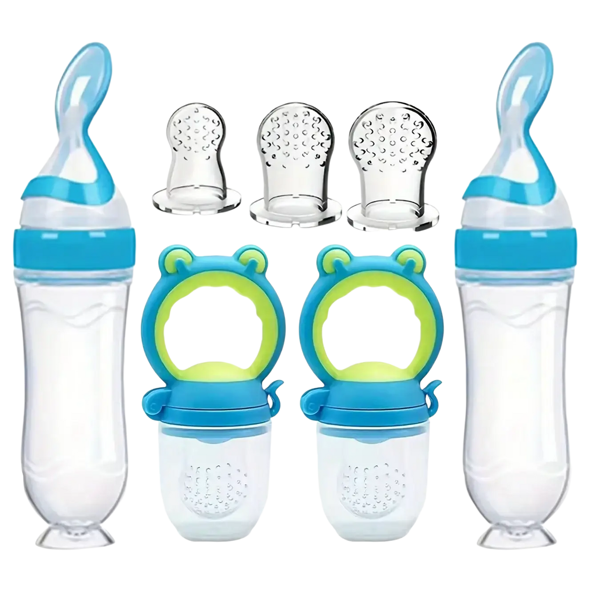 Blue and green silicone baby feeding bottle and pacifier set featuring a clear plastic body and soft silicone feeder