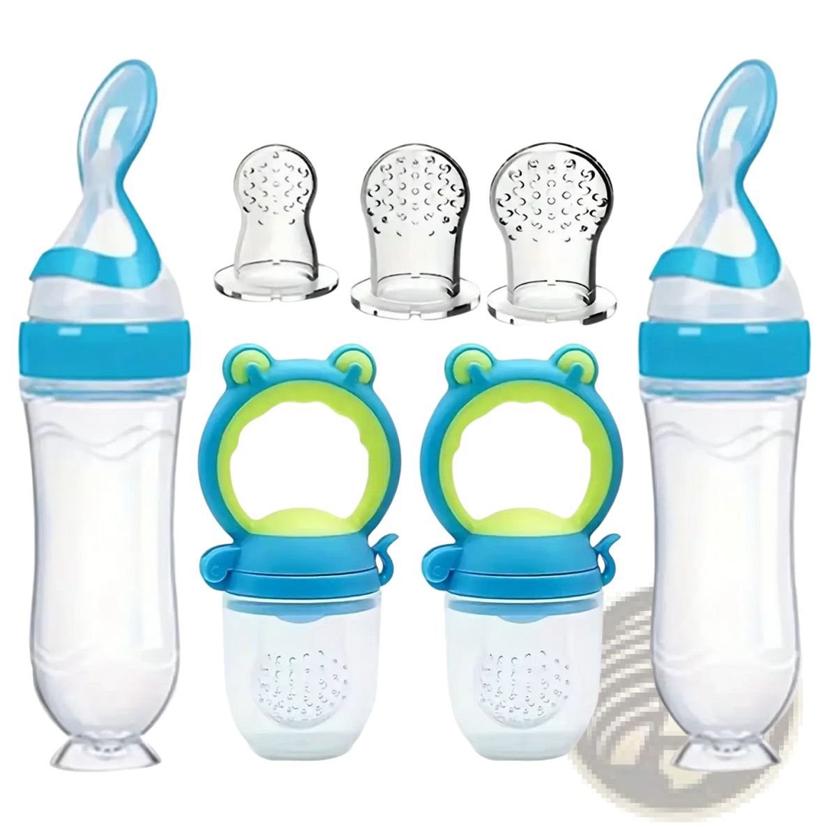 Blue and green silicone baby feeding bottle and pacifier set featuring a clear plastic body and soft silicone feeder
