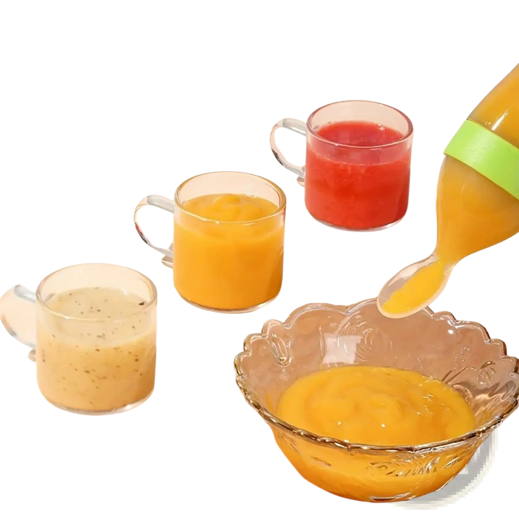 A clear glass pitcher with a bright green silicone grip pouring orange puree into a scalloped glass bowl
