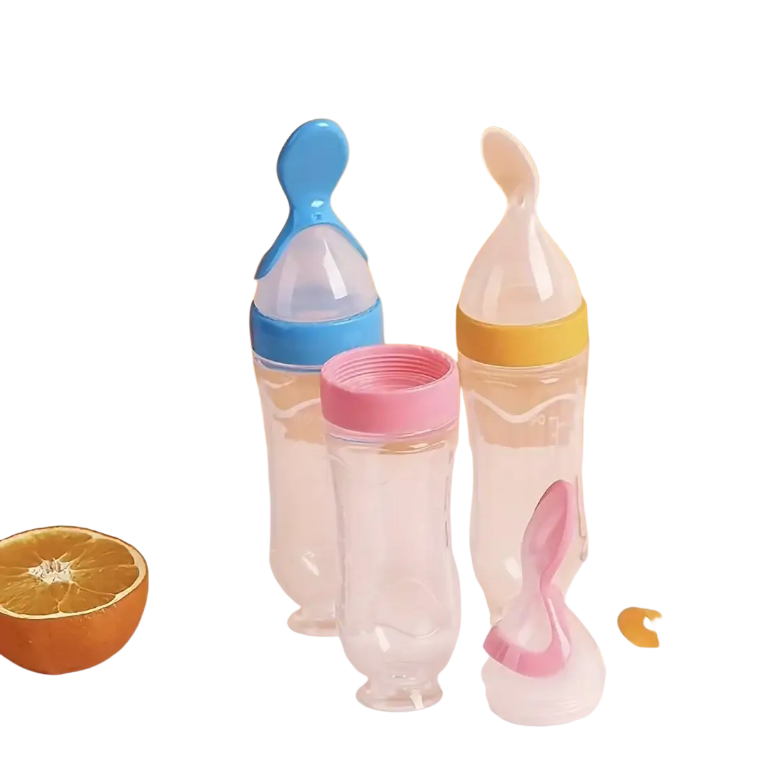 Set of colorful silicone baby feeding bottles with soft ergonomic spouts and transparent bodies for easy feeding