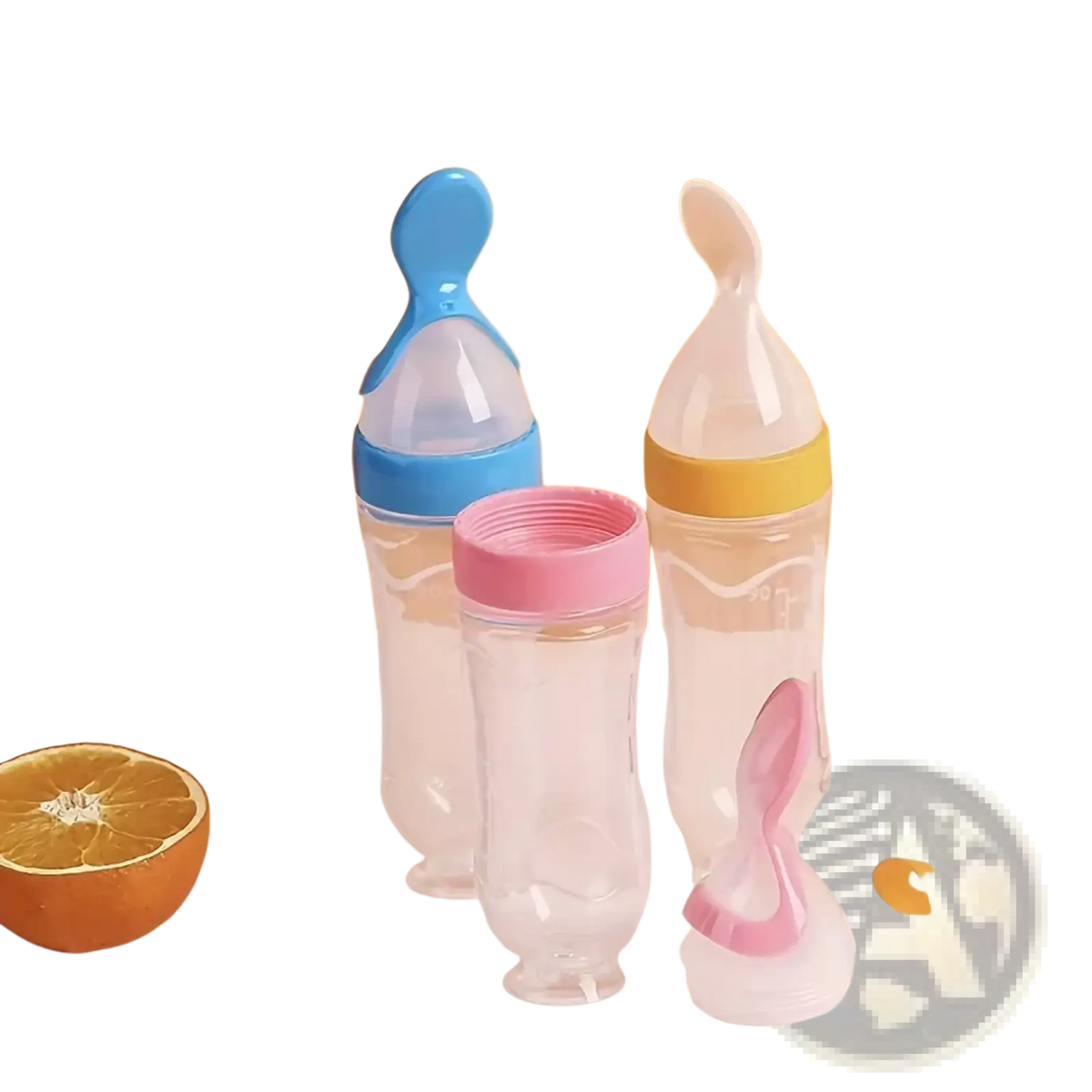 Set of colorful silicone baby feeding bottles with soft ergonomic spouts and transparent bodies for easy feeding