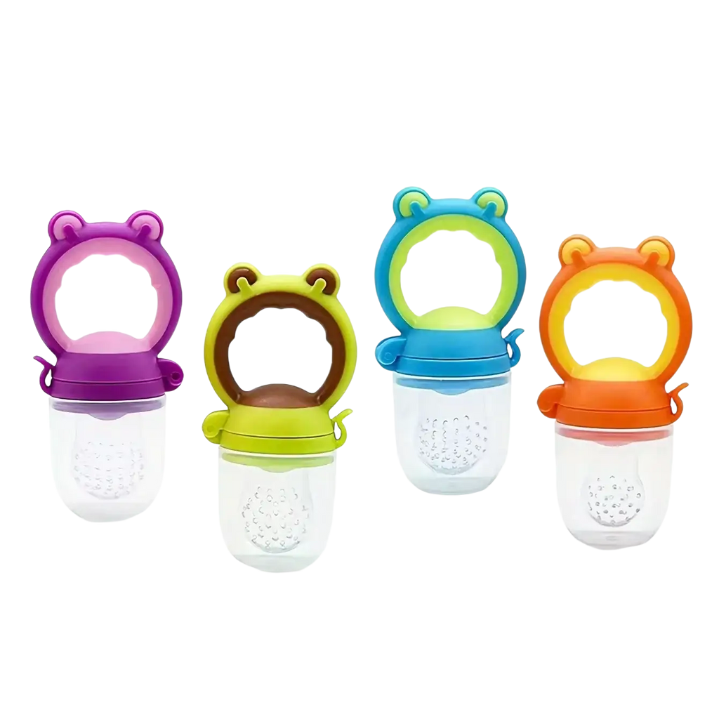 Colorful silicone frog-shaped baby feeding bottle and pacifier set with transparent bottom and textured surface