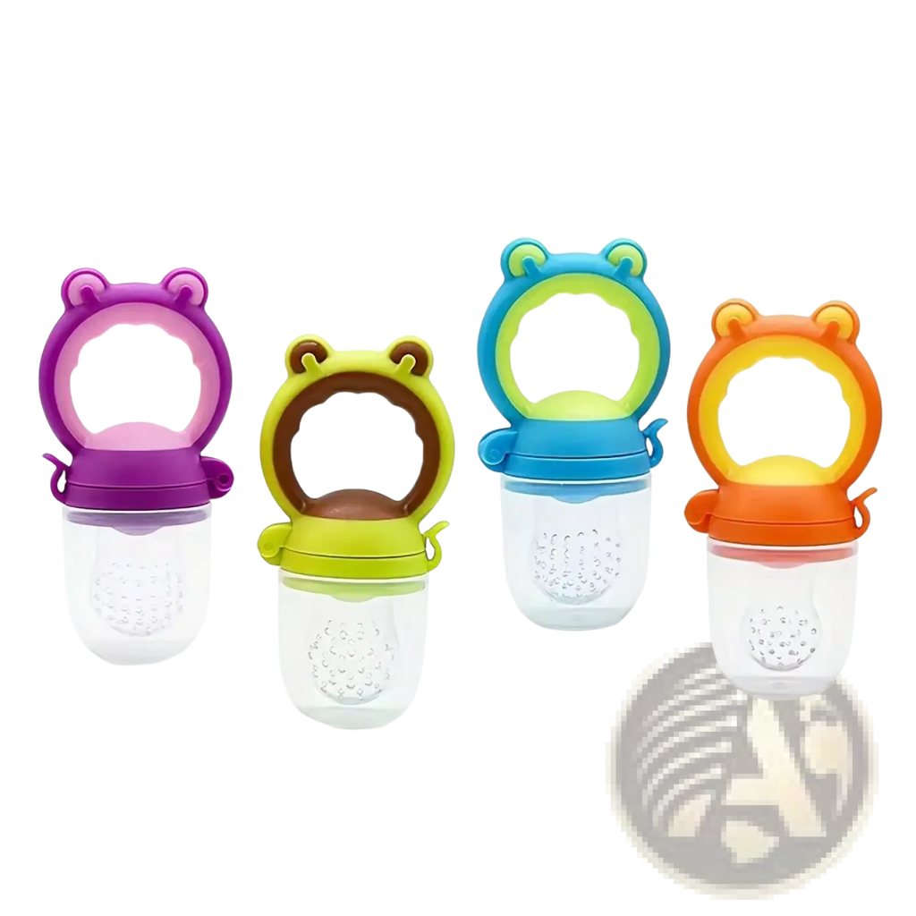 Colorful silicone frog-shaped baby feeding bottle and pacifier set with transparent bottom and textured surface