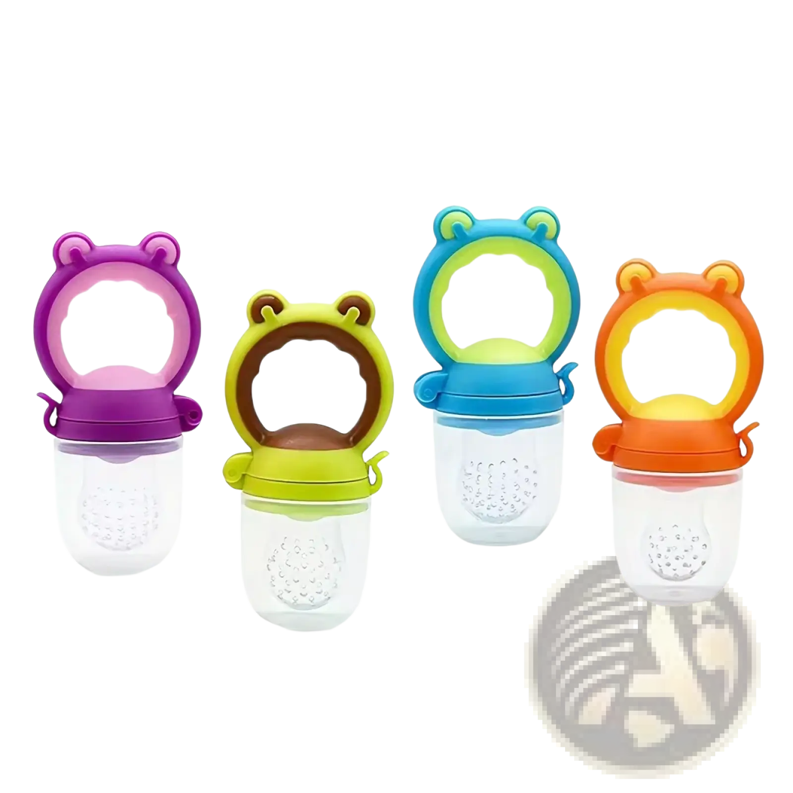 Colorful silicone frog-shaped baby feeding bottle and pacifier set with transparent bottom and textured surface