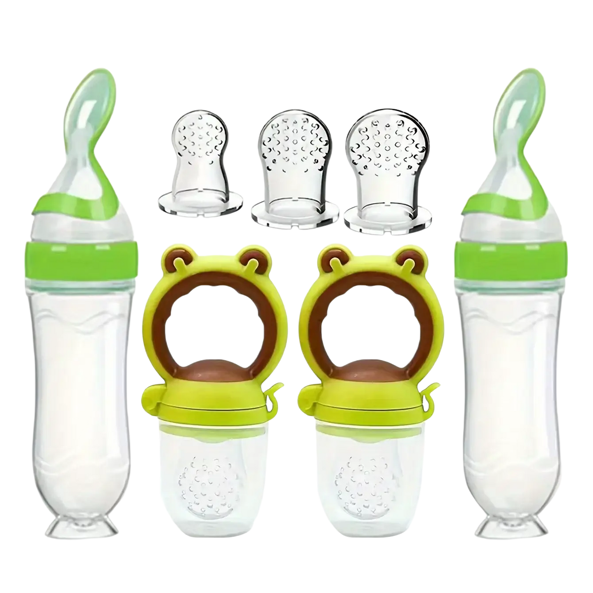 Green and transparent silicone baby feeding bottle and pacifier set with frog-shaped silicone feeder handle