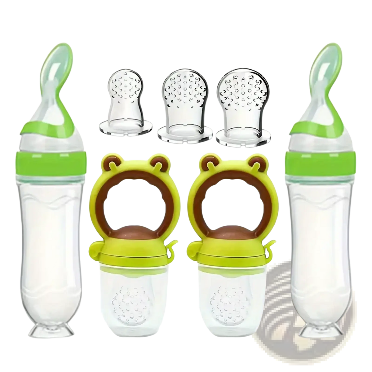 Green and transparent silicone baby feeding bottle and pacifier set with frog-shaped silicone feeder handle