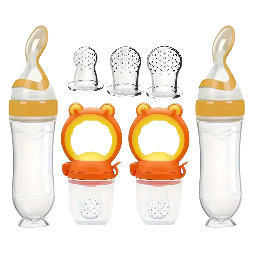 Orange and transparent silicone baby feeding bottle with pacifier set featuring a bear-shaped handle silicone feeder