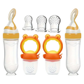 Orange and transparent silicone baby feeding bottle with pacifier set featuring a bear-shaped handle silicone feeder