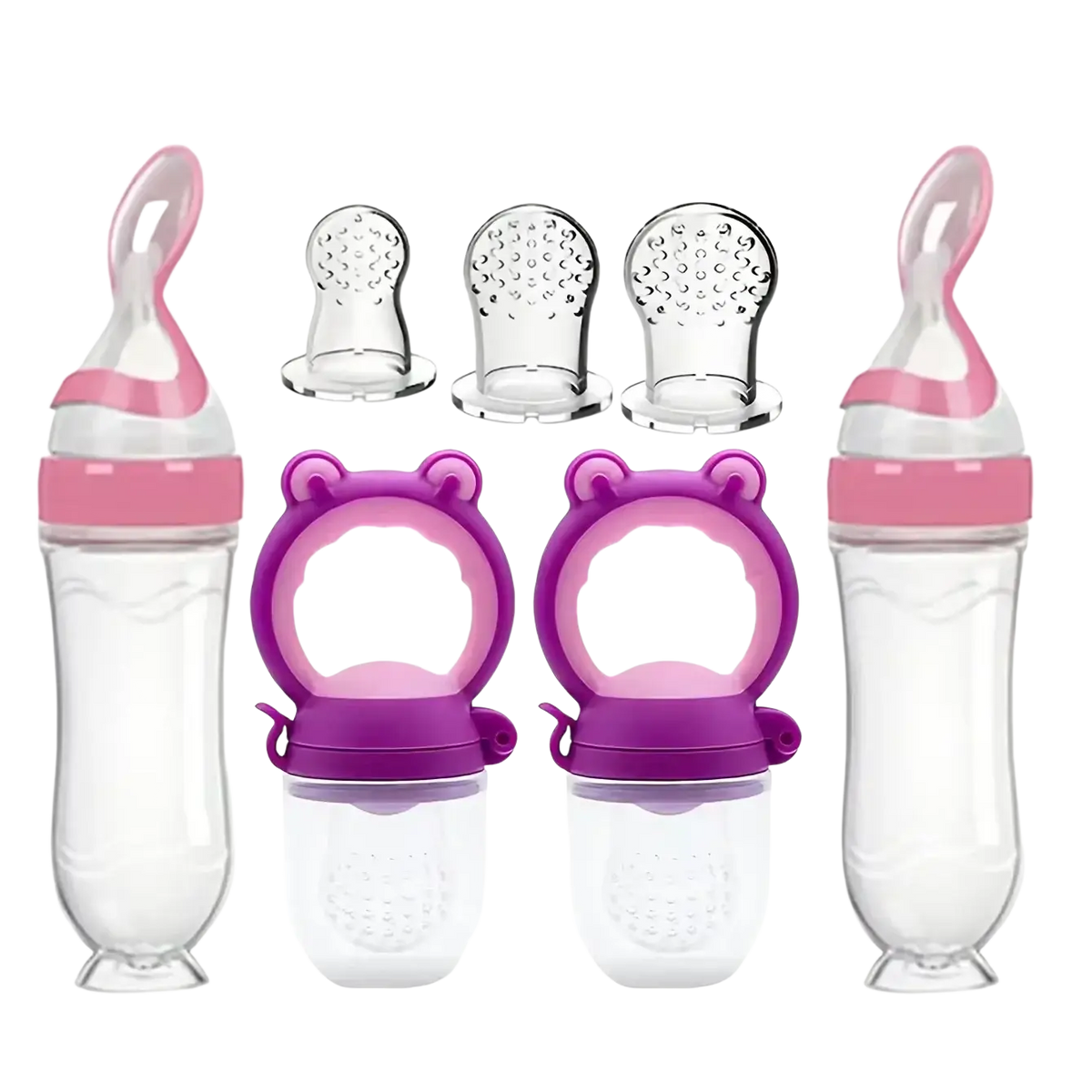 Pink and clear silicone baby feeding bottle and pacifier set with bear-shaped silicone handle for infant feeding