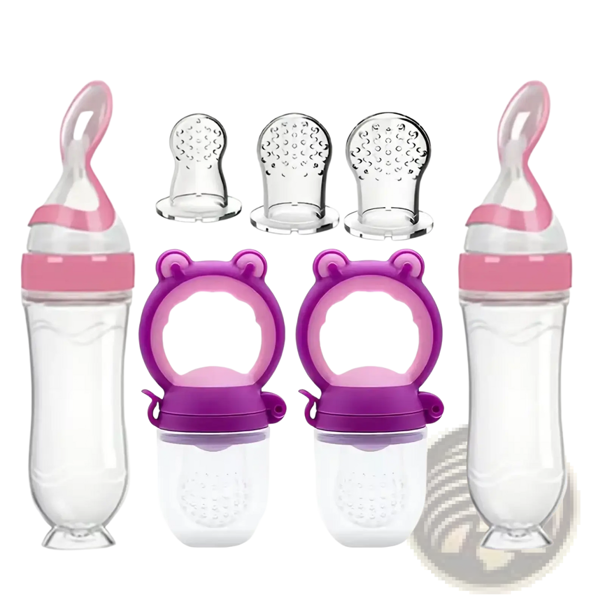 Pink and clear silicone baby feeding bottle and pacifier set with bear-shaped silicone handle for infant feeding