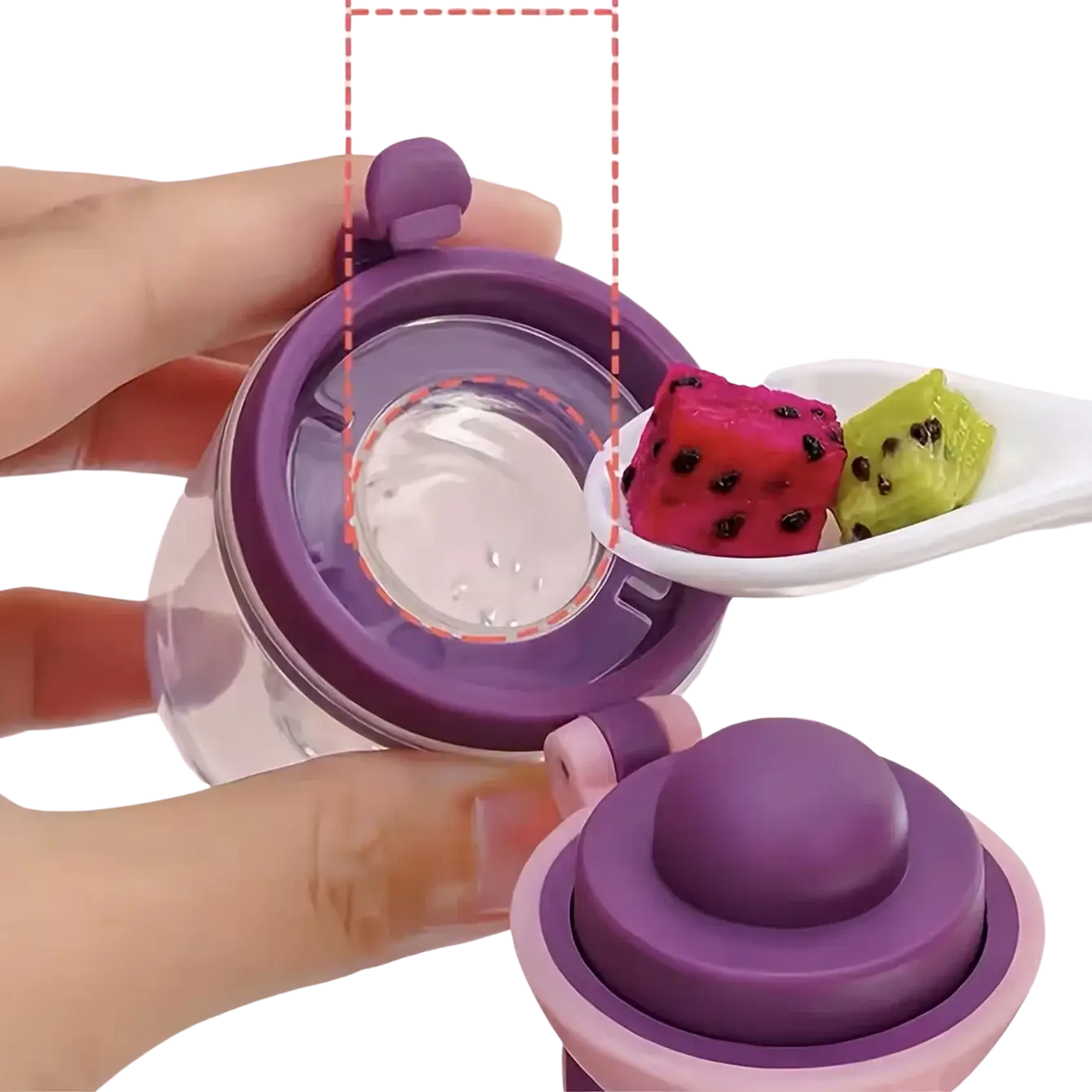Purple and clear silicone baby feeding bottle with flip-top lid and built-in straw compartment for convenient feeding