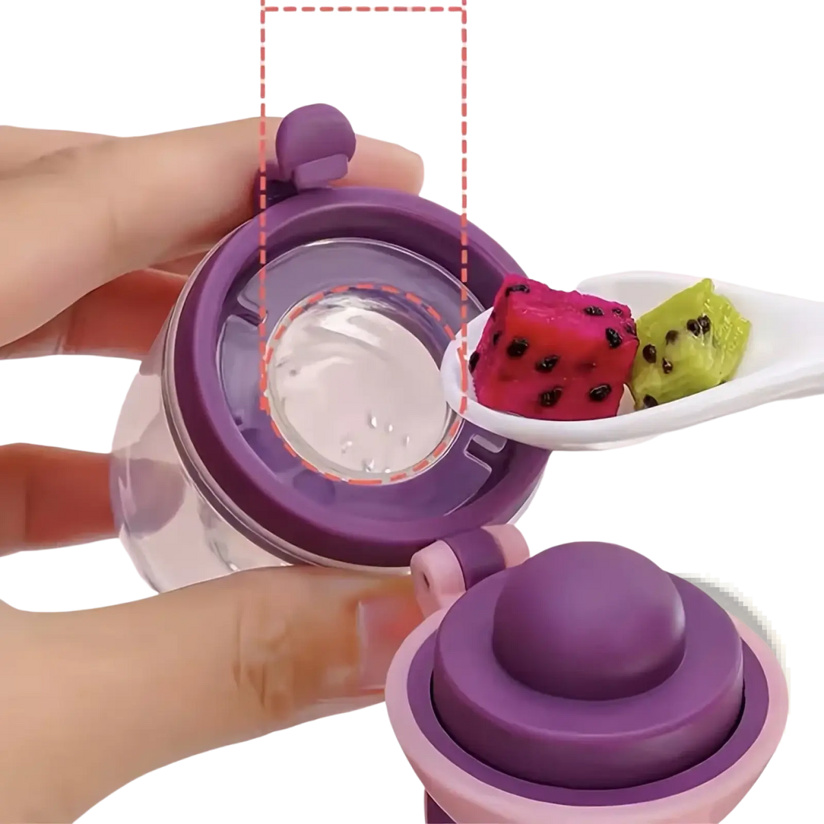 Purple and clear silicone baby feeding bottle with flip-top lid and built-in straw compartment for convenient feeding