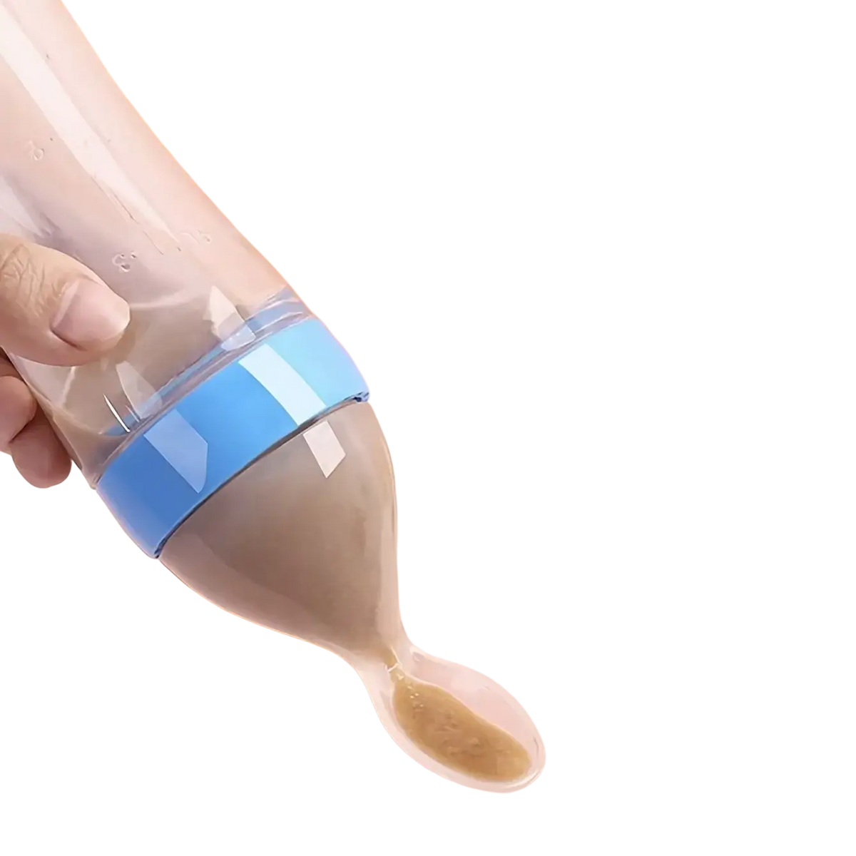 Transparent silicone baby feeding bottle with blue band and integrated spoon for easy mealtime use in feeding set
