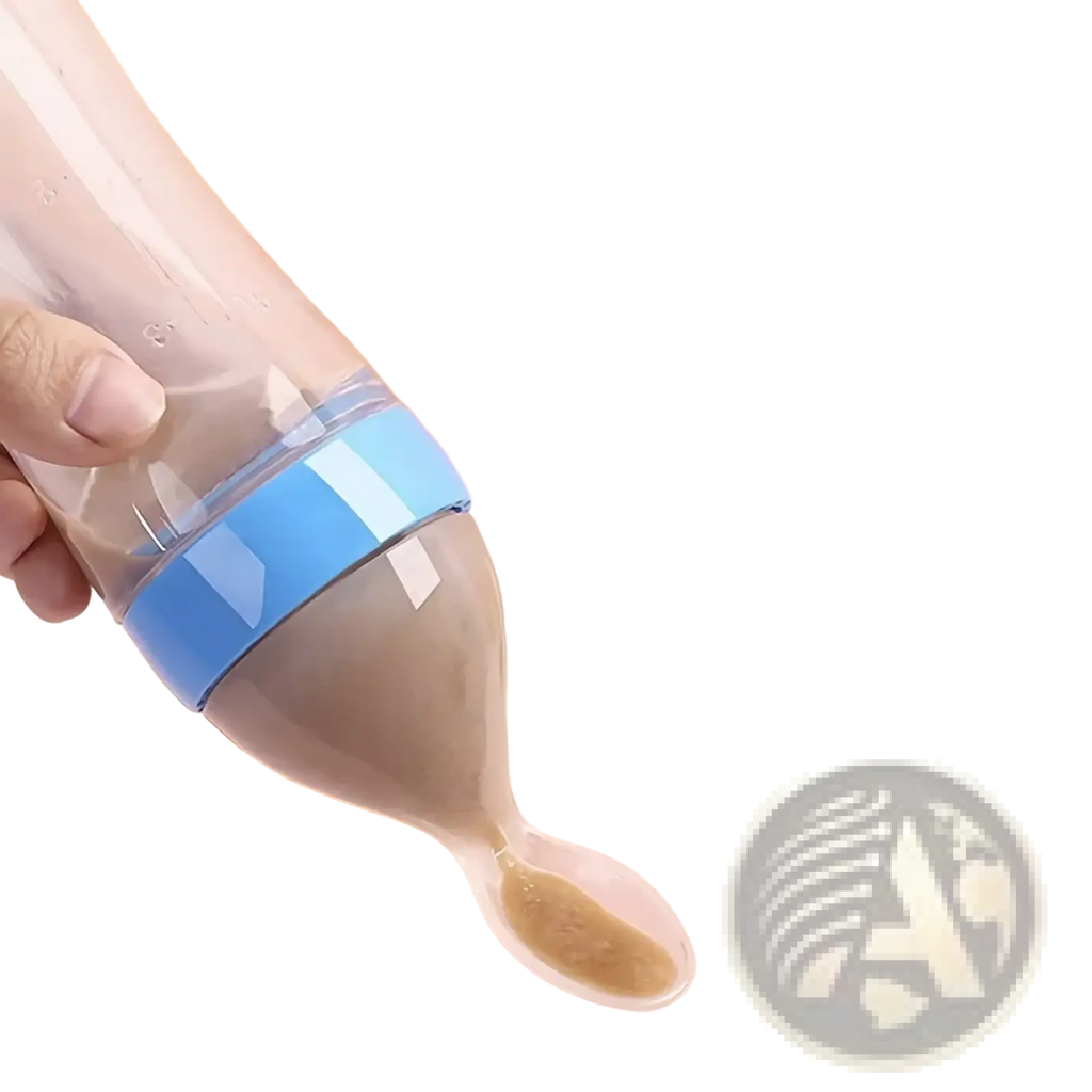 Transparent silicone baby feeding bottle with blue band and integrated spoon for easy mealtime use in feeding set
