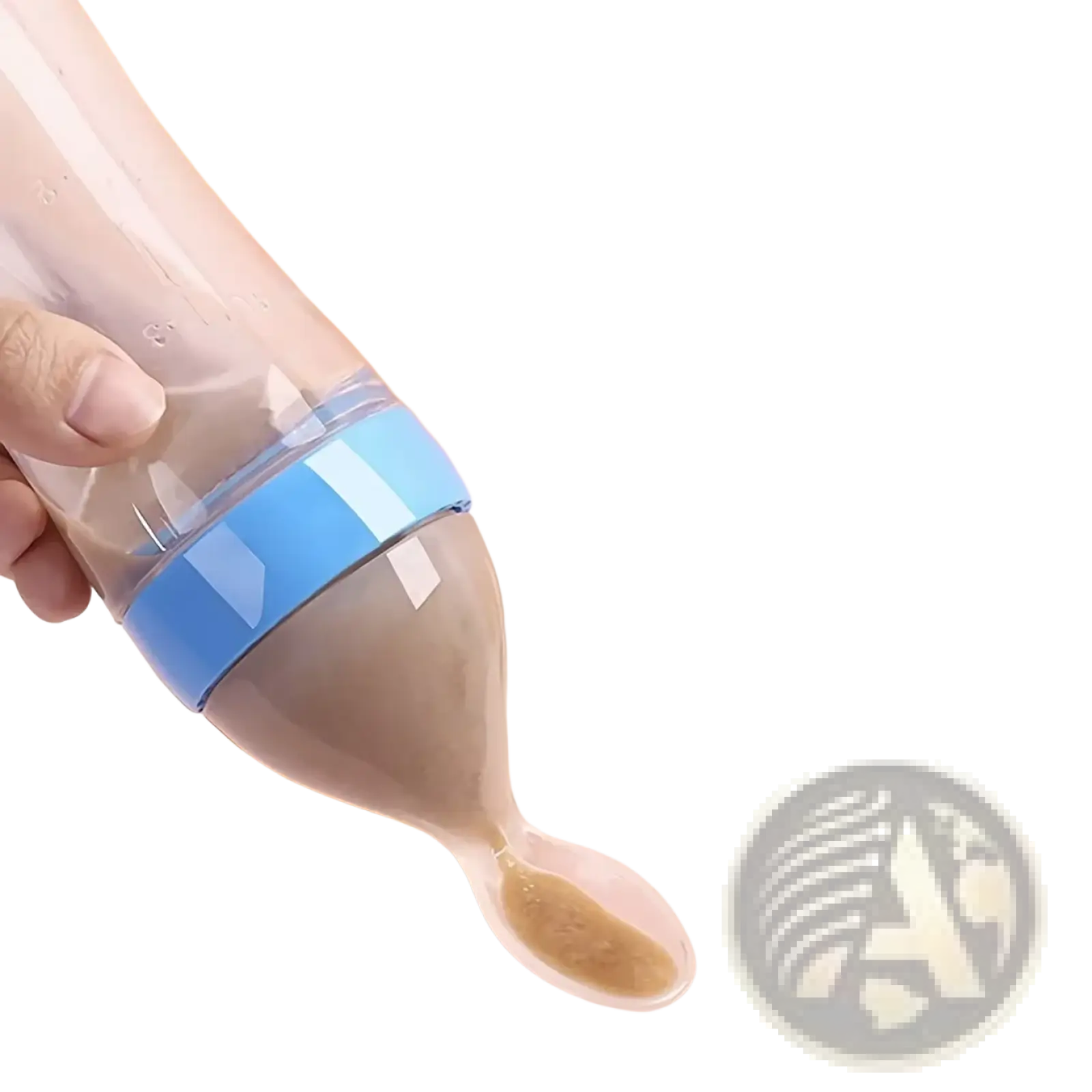 Transparent silicone baby feeding bottle with blue band and integrated spoon for easy mealtime use in feeding set