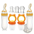Orange and transparent silicone baby feeding bottle with pacifier set featuring a bear-shaped handle silicone feeder