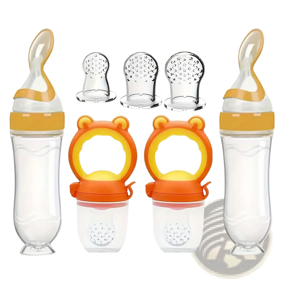 Orange and transparent silicone baby feeding bottle with pacifier set featuring a bear-shaped handle silicone feeder