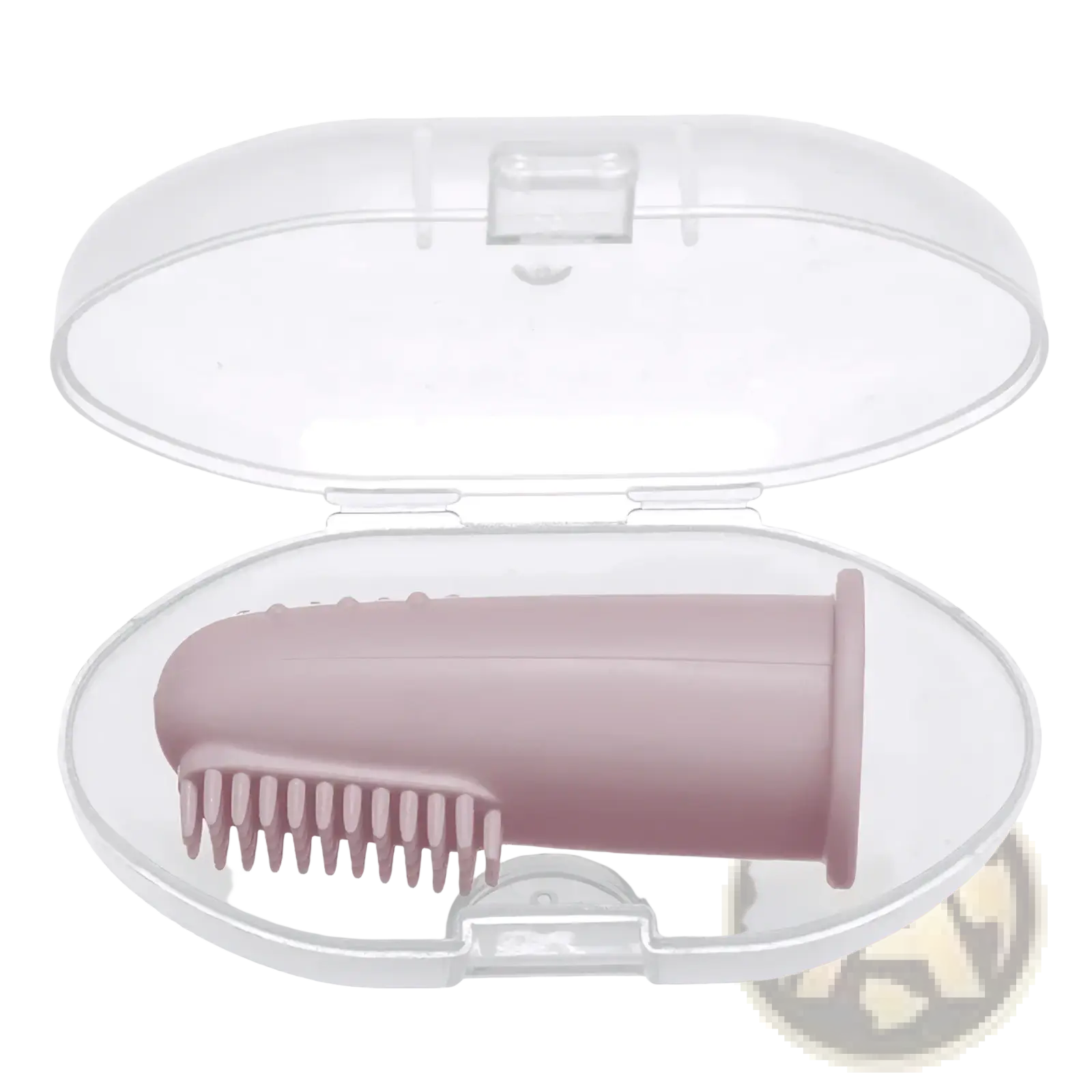 Pink silicone baby finger toothbrush bpa free shown inside a clear plastic protective case for safe storage