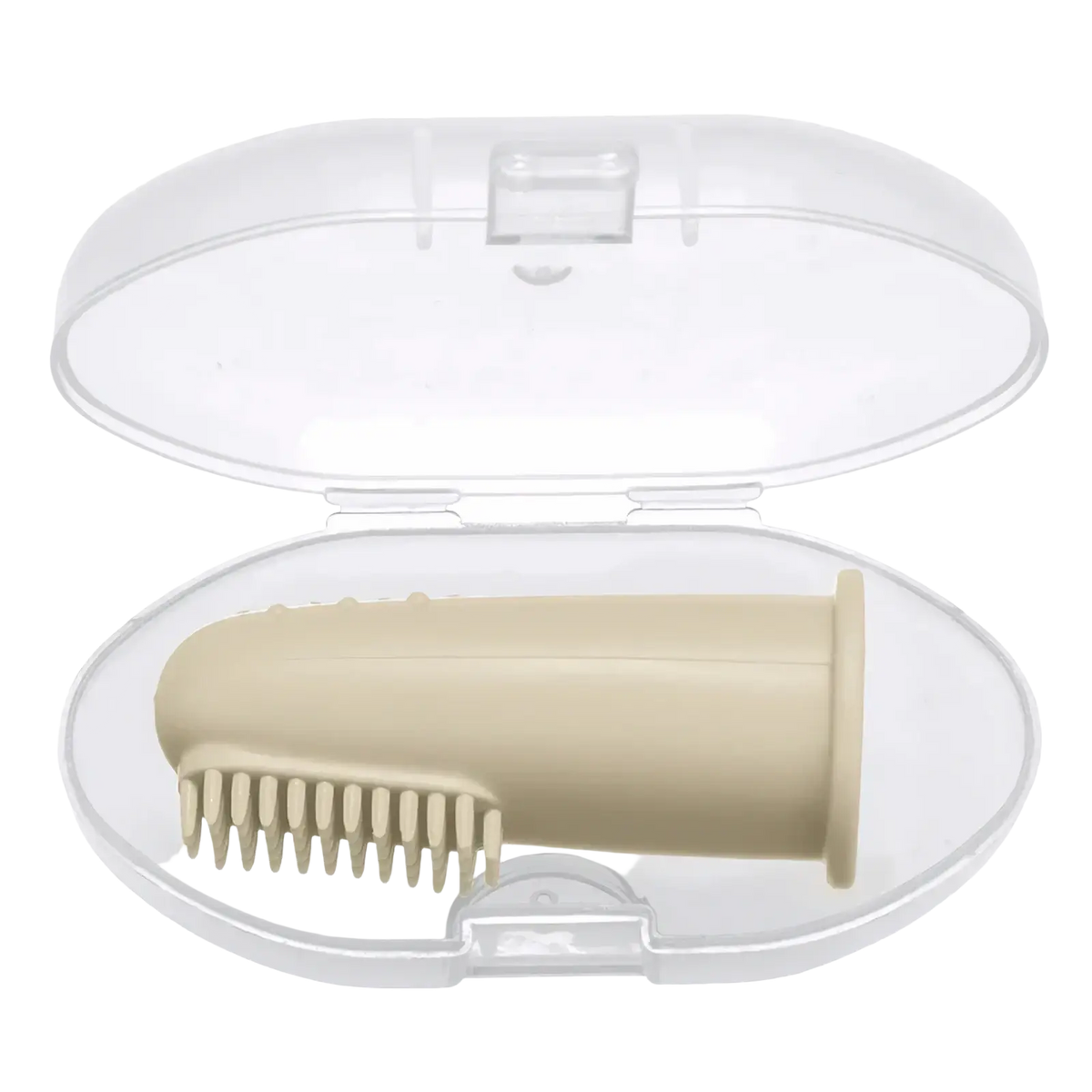 Beige silicone baby finger toothbrush bpa free nestled in a clear plastic case for infant oral care