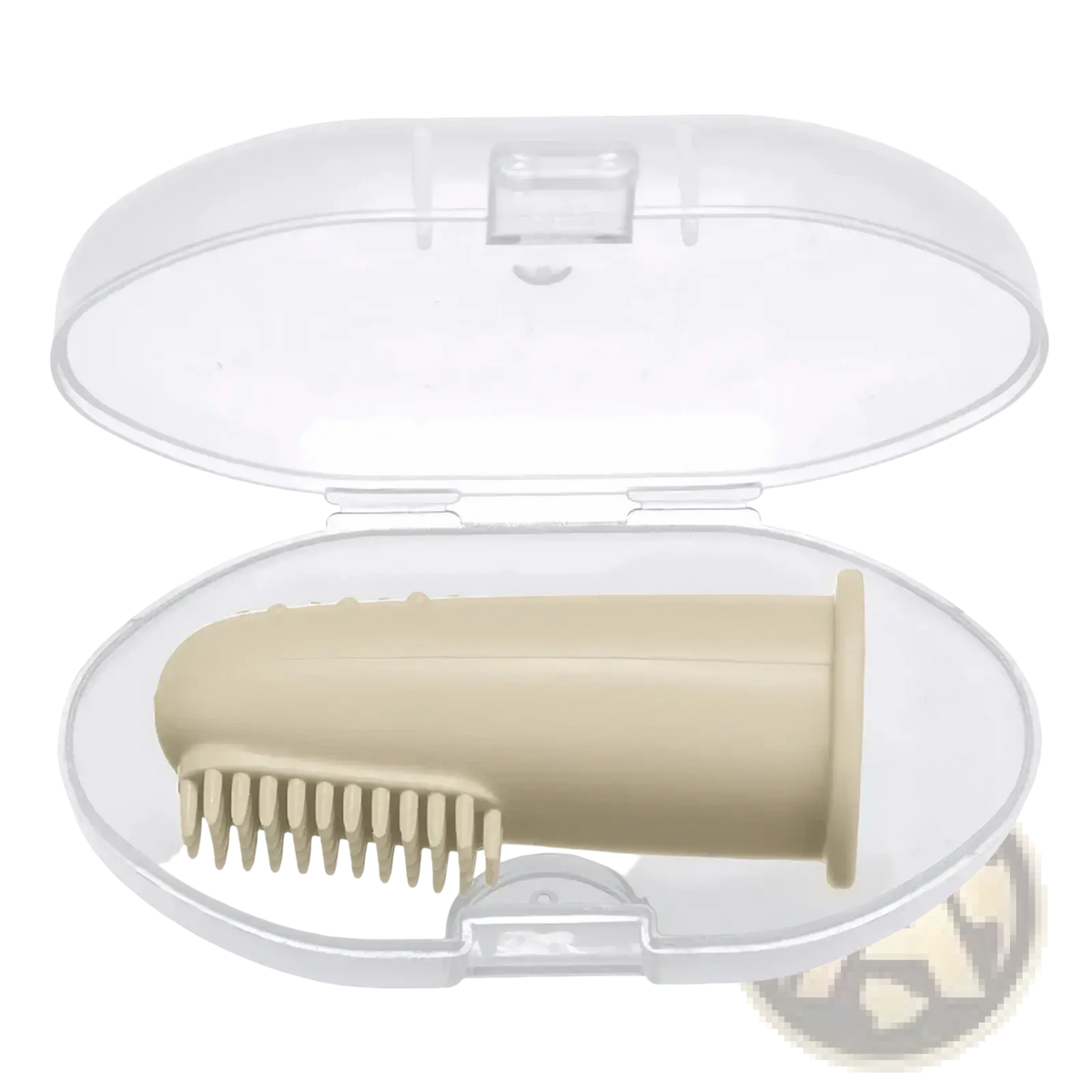 Beige silicone baby finger toothbrush bpa free nestled in a clear plastic case for infant oral care