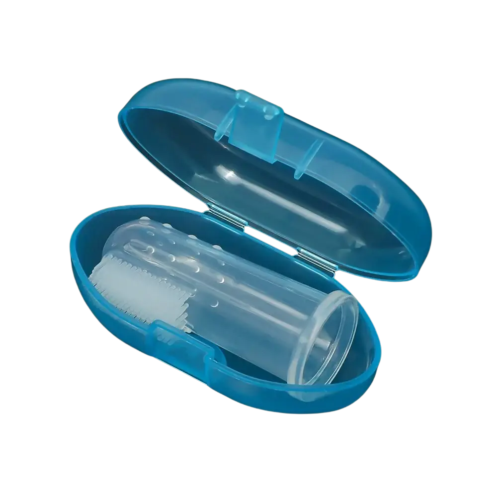 Blue plastic case containing a clear silicone baby finger toothbrush with white bristles bpa free