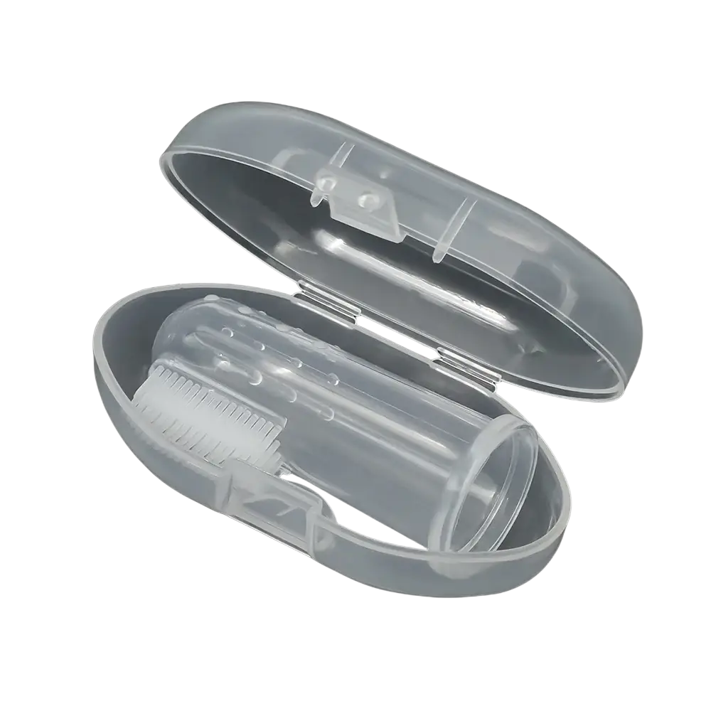 Clear plastic case with transparent silicone baby finger toothbrush bpa free featuring soft bristles