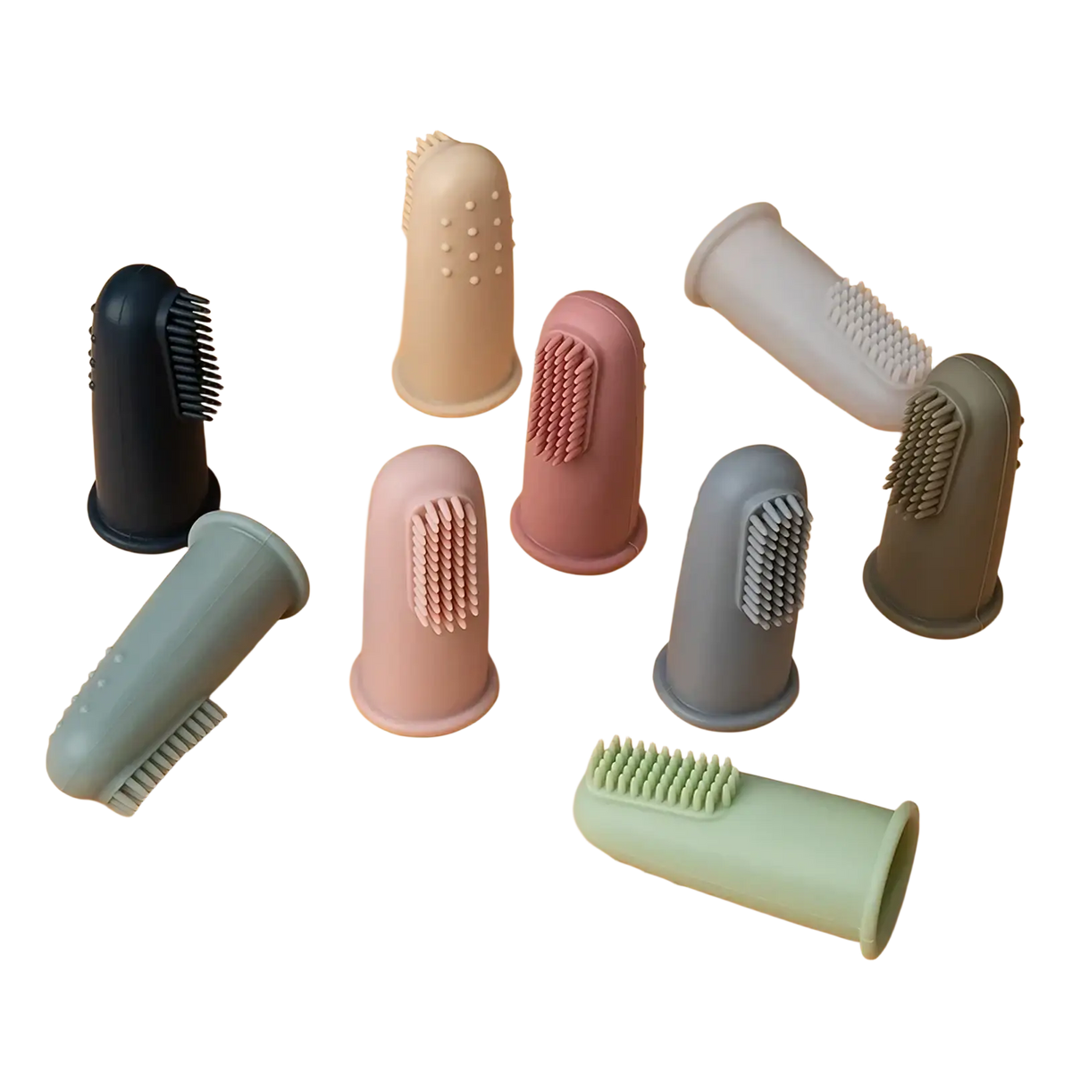 A collection of pastel and neutral silicone baby finger toothbrushes bpa free with soft bristles for gentle grooming