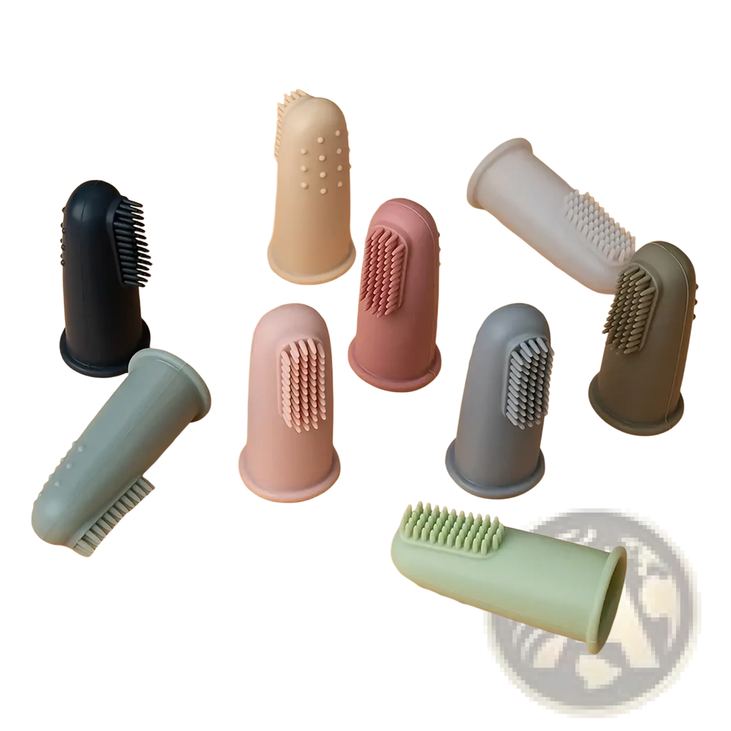 A collection of pastel and neutral silicone baby finger toothbrushes bpa free with soft bristles for gentle grooming