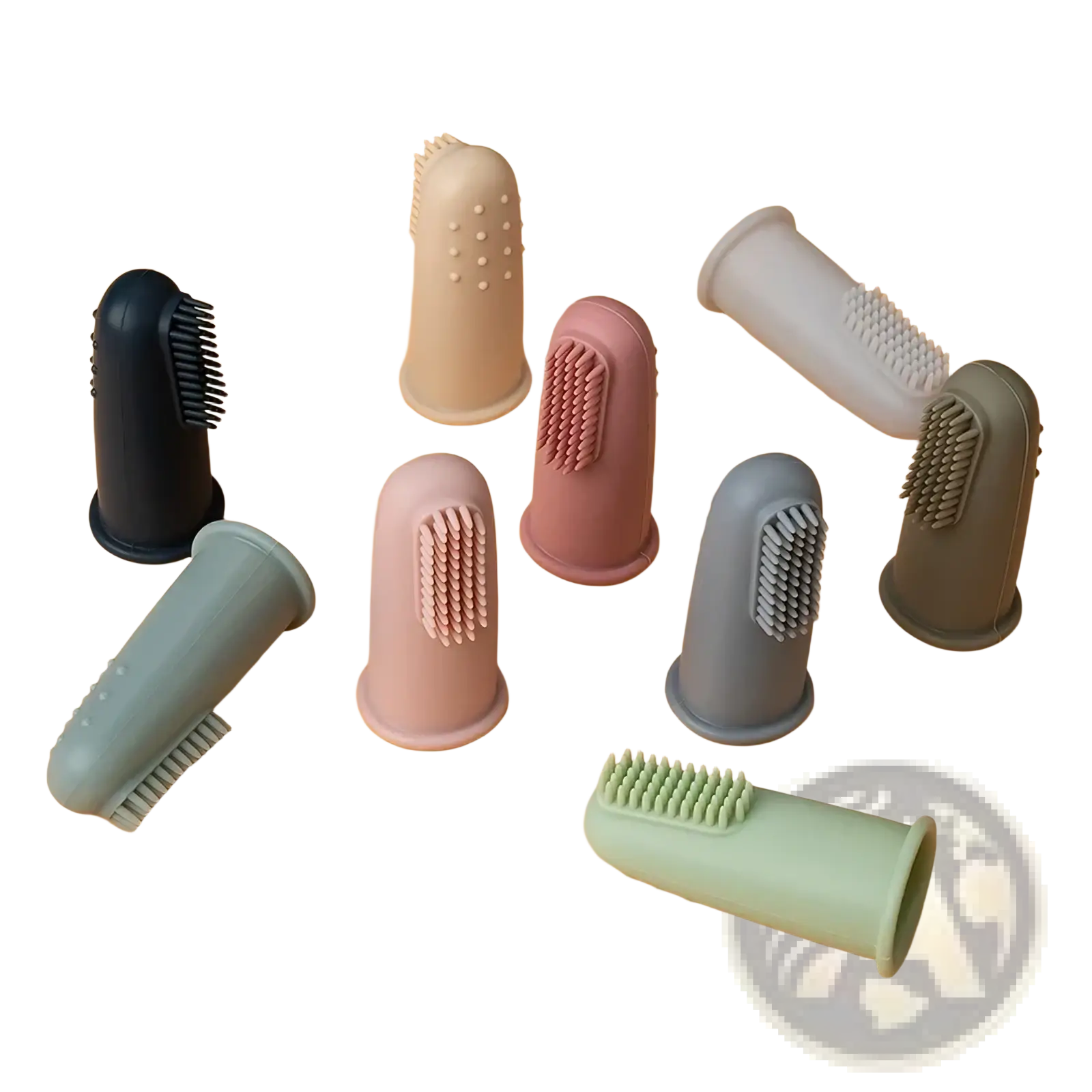A collection of pastel and neutral silicone baby finger toothbrushes bpa free with soft bristles for gentle grooming