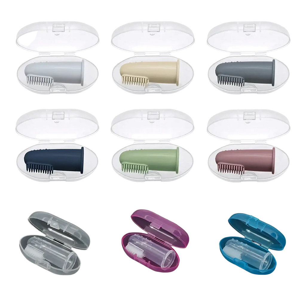 Colorful silicone baby finger toothbrushes bpa free displayed in clear plastic cases for infant oral care