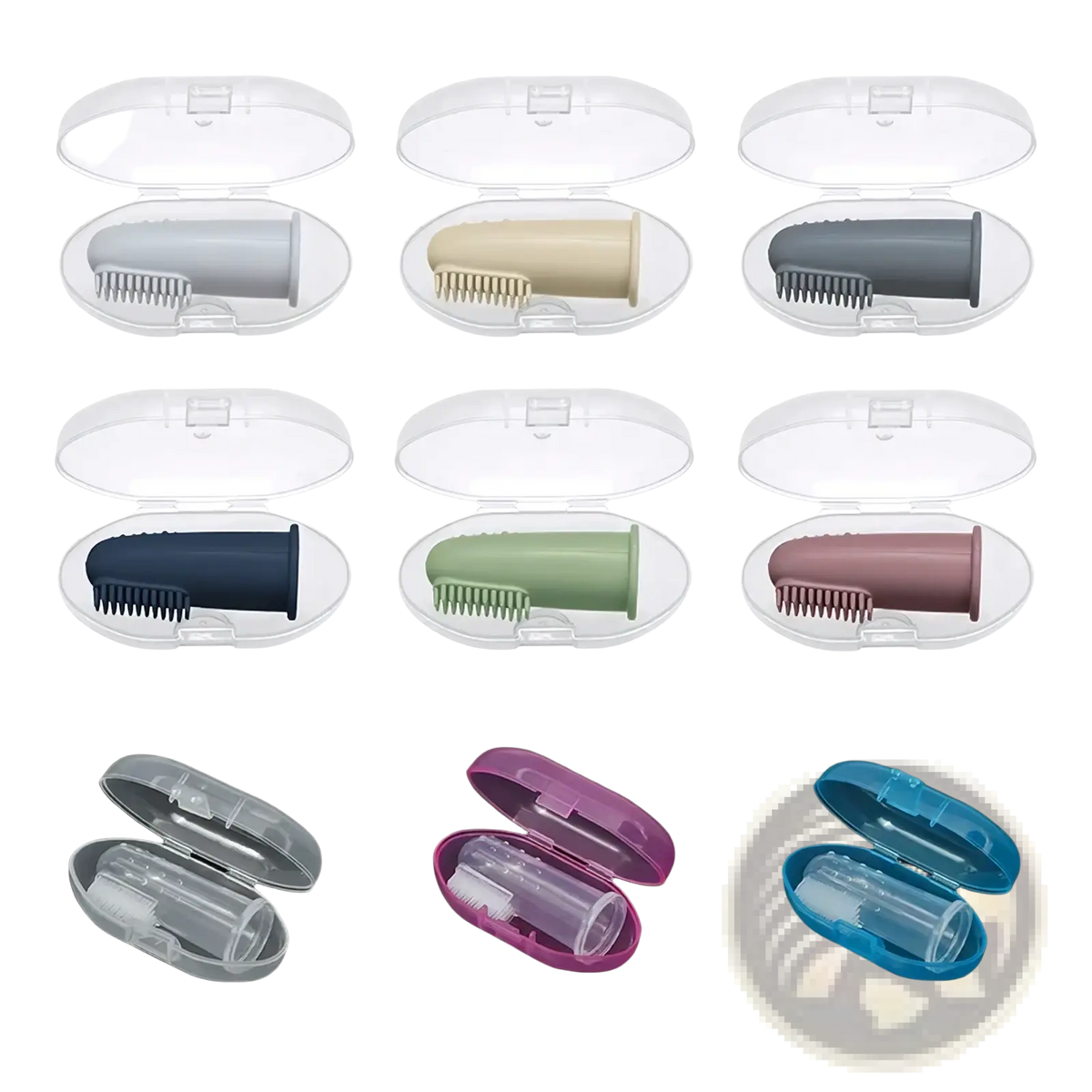 Colorful silicone baby finger toothbrushes bpa free displayed in clear plastic cases for infant oral care
