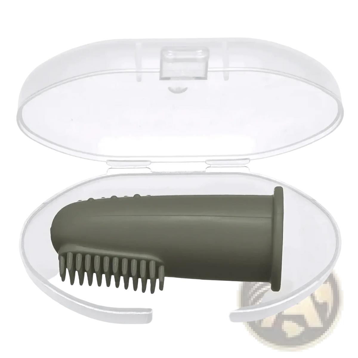 Olive green silicone baby finger toothbrush bpa free for teeth cleaning in a clear plastic case