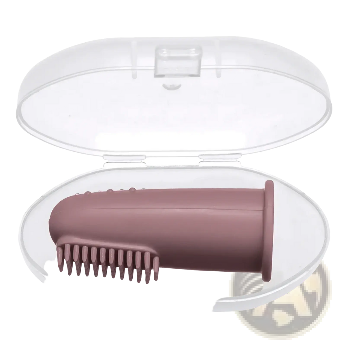 A mauve silicone baby finger toothbrush with soft bristles in a clear case bpa free for oral care