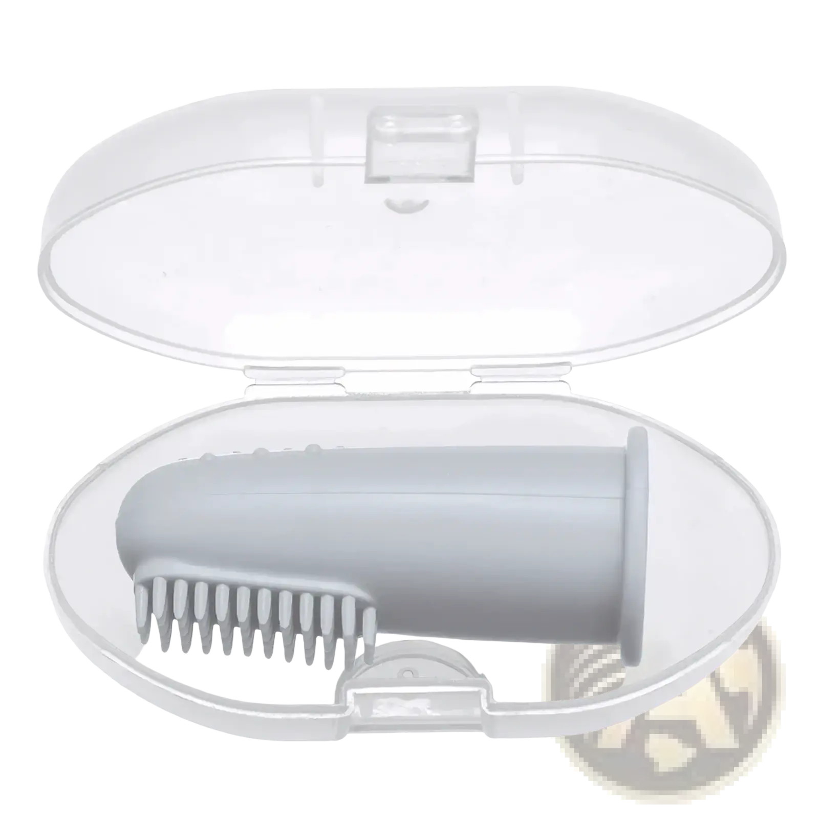 Gray silicone baby finger toothbrush bpa free displayed in a clear plastic protective case for hygienic storage