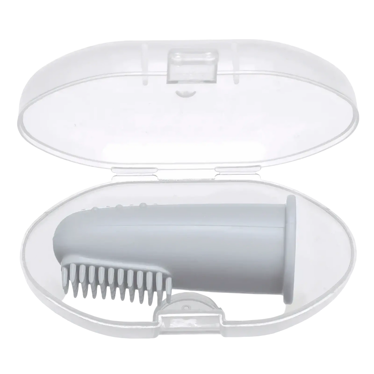 Gray silicone baby finger toothbrush bpa free displayed in a clear plastic protective case for hygienic storage