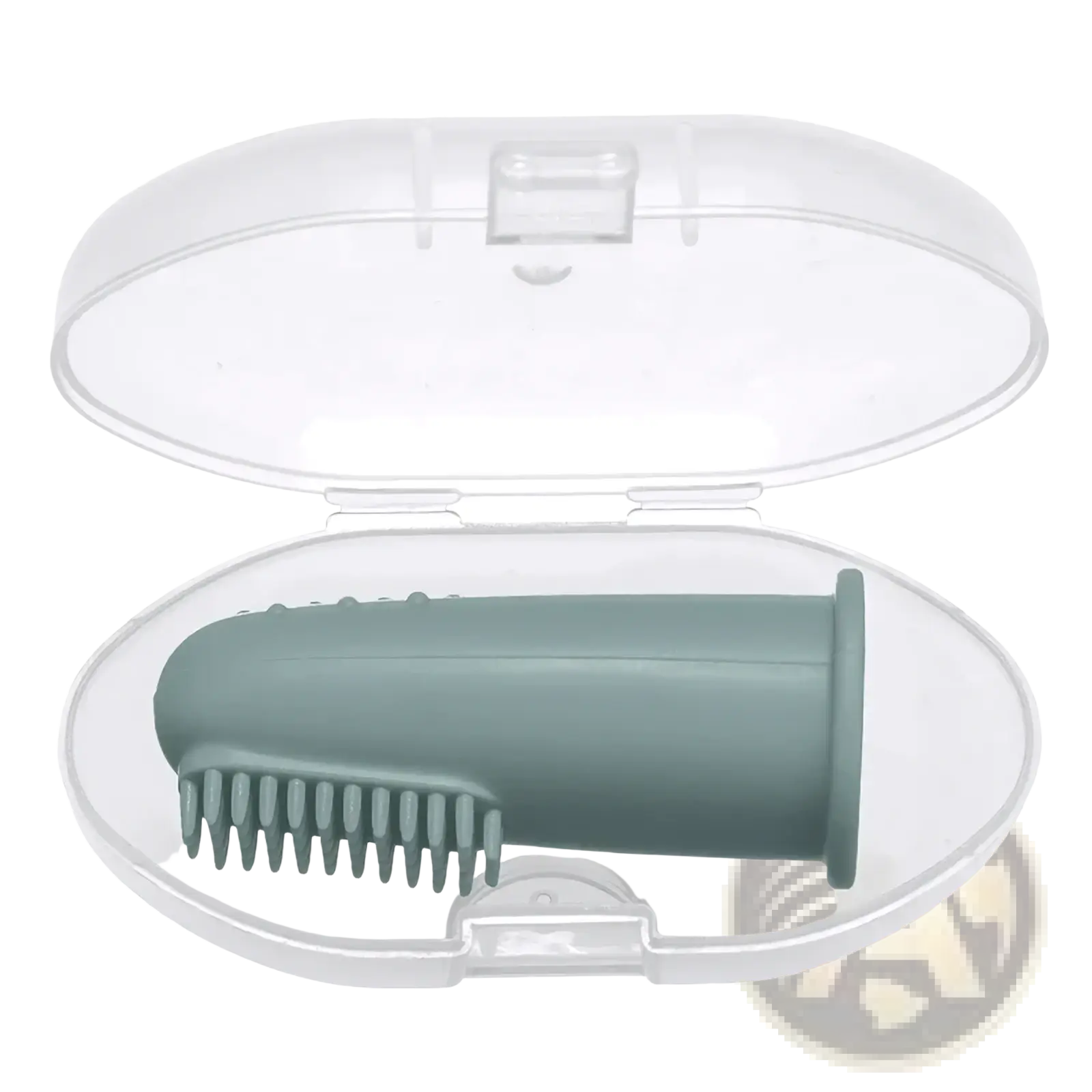 Teal silicone baby finger toothbrush bpa free nestled in a clear plastic case for infant oral care