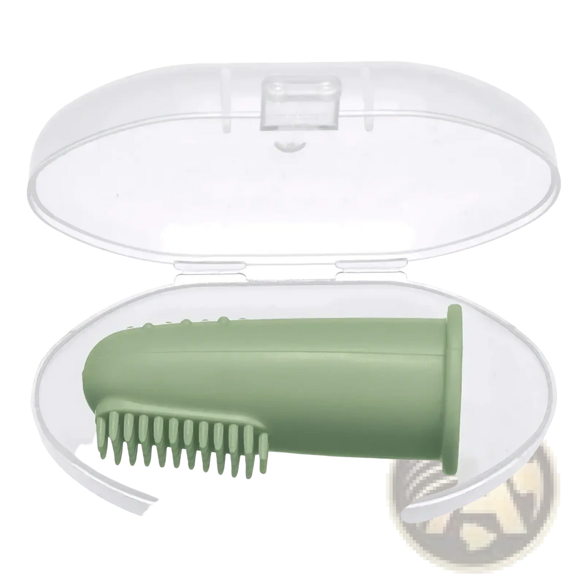 A soft sage green silicone baby finger toothbrush bpa free stored in a clear plastic case for gentle tooth cleaning